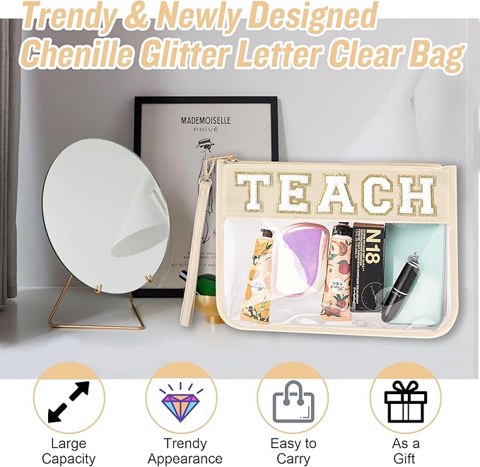 Teacher Appreciation Gifts TEACH Chenille Letter Clear Makeup Bag Pouch, Monogram PVC Clear Zipper Pouch with Wristlet Travel Cosmetic Bag Graduation Retirement Teacher Gifts for Women(TEACH-Beige)