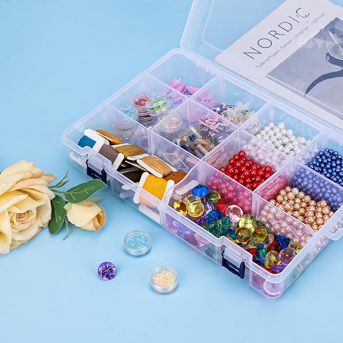 Large Bead Organizer Box, 10 Compartment Craft Storage Container with Removable Divider, Plastic Empty Case for Jewelry Rhinestone Charms Crystal Press On Fake Nail, Hair Stuff Small Accessory