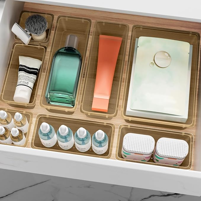 12 PCS Drawer Organizer Set, 4 Sizes Tool Storage Trays, Clear Plastic Makeup Vanity Organizer and Storage Bins for Stationeries, Multiple Gadgets for Office, Bedroom, Champagne
