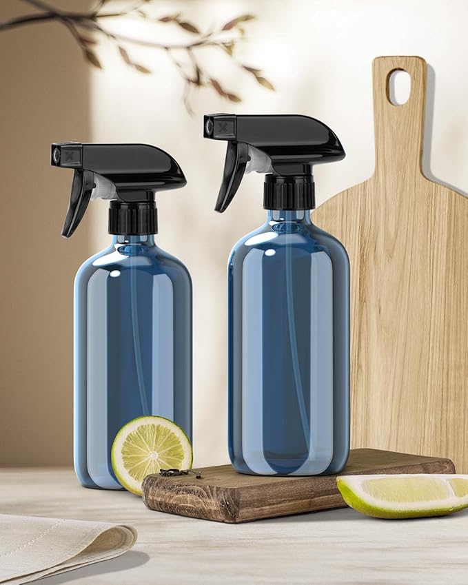 Bontip Glass Spray Bottle, Indigo Blue Glass Spray Bottle Set & Accessories Refillable for Plants Window Cleaners Aromatherapy Facial Hydration Watering Flowers Hair Care (2 Pack/16 oz)(Indigo)