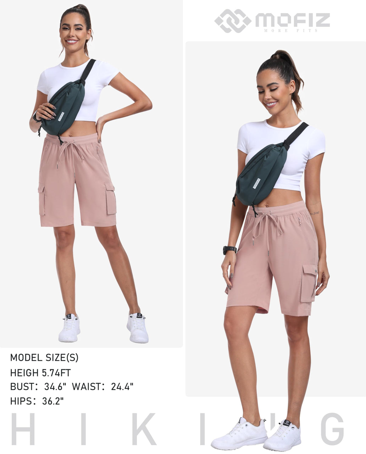MoFiz Women's 10" Hiking Cargo Shorts Stretch Active Running Long Knee Length Shorts Quick Dry Outdoor Running Summer Shorts with Pockets Dusty Pink XL