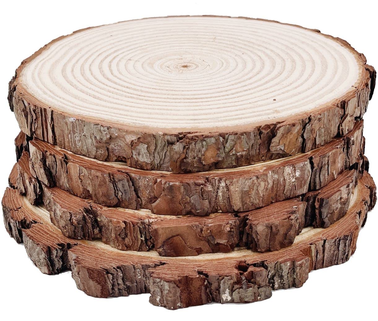 Natural Round Discs Rustic Wood Slices 4 PCS 8.2-9 inch Unfinished Wood kit Circles Crafts Tree Slices with Bark Log Discs for DIY Arts and Wedding Party Potluck Banquet Ornaments Decorations