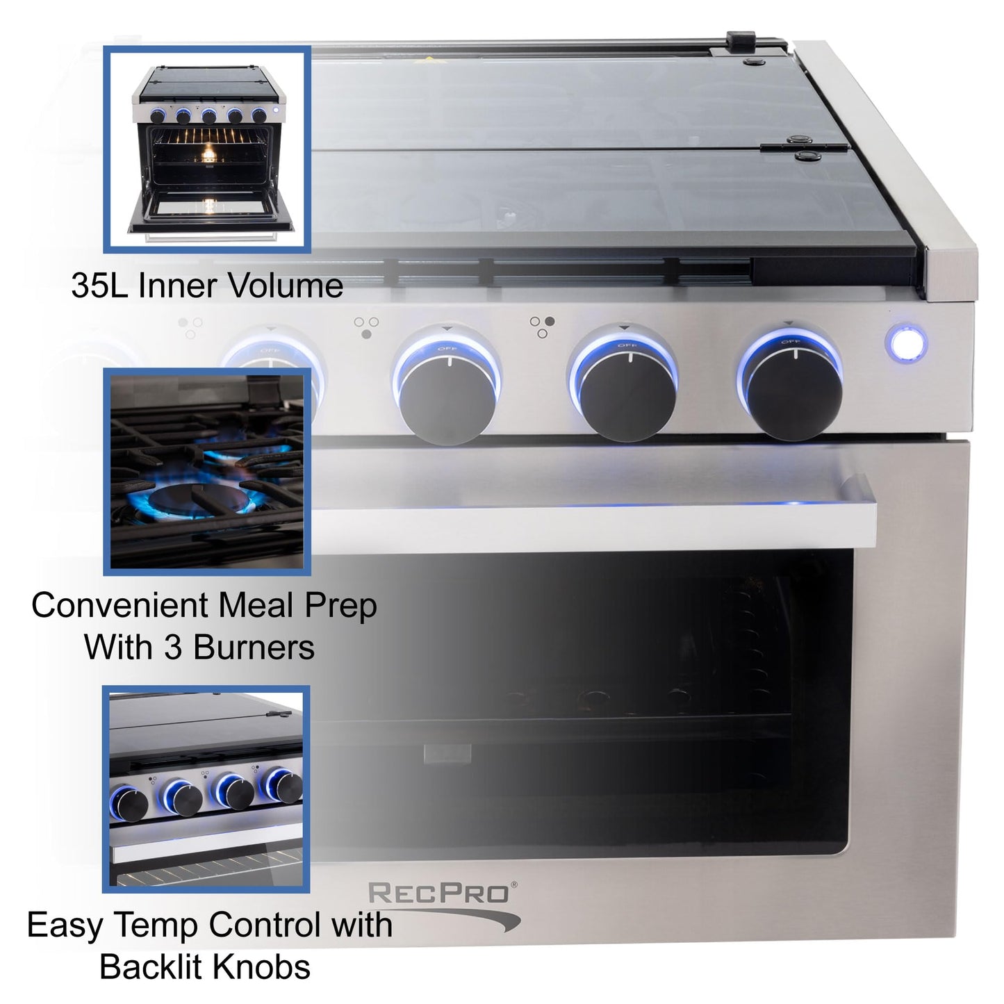 RecPro RV Stove Black Finish | Gas Range 17" Tall | 6500 and 8000 BTU Three Burner | 7100 BTU Oven with 1.24 Cu. Ft. Capacity | Optional Range Hood