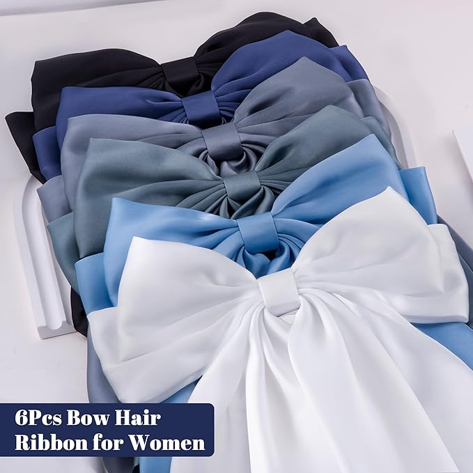 6Pcs Large Bows Hair Clips for Women Girls Long Tail Hair Ribbon Silky Satin Barrettes Coquette Bows Accessories (Black/Skyblue/Grayblue)
