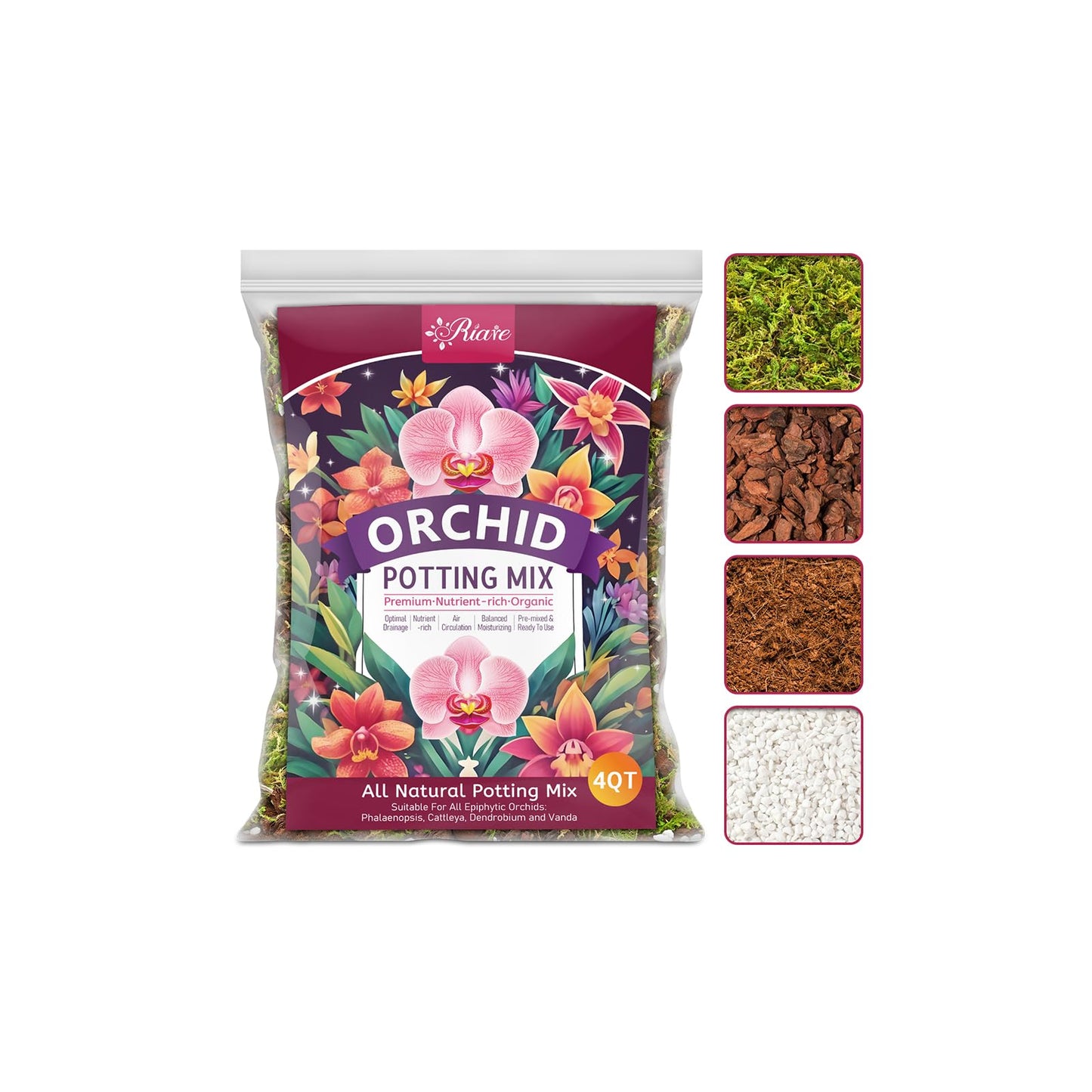 Riare 4QT Orchid Potting Mix for Repotting- Orchid Repotting Kit Include Moss, Pine Bark, Perlite, Coco Peat- Premium Orchid Soil Medium for Indoor Potted Plants Root Ventilation & Expanding