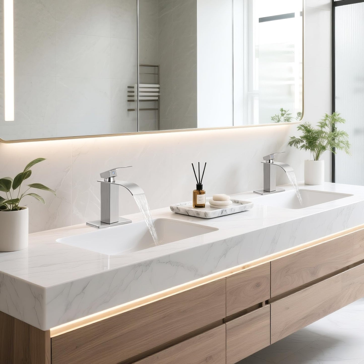 RNDIOZD Brushed Nickel Bathroom Faucets *2, Waterfall Bathroom Sink Faucet Modern Single Handle Bathroom Faucte 1 or 3 Hole, RV Mixer Tap Vanity Faucet - Includes Pop-up Drain