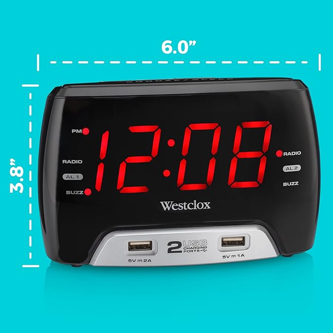 Westclox Large 1.4” Red LED Digital FM Clock Radio with Dual USB A & C Charging Ports, Adjustable Brightness, Dual Alarms & Sleep Timer – Modern Alarm Clock for Bedroom, Home, or Office (Black)