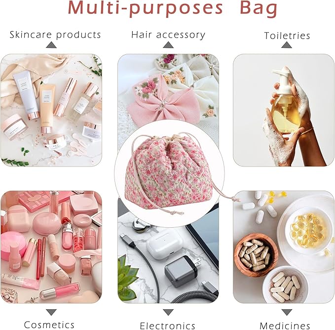 Cotton Quilted Drawstring Makeup Bag with Canvas Lining,Coquette Aesthetic Cute Travel Toiletry Bag,Drawstring Gift Bag for Women and Girls(18 Watercolor Pink Flower)