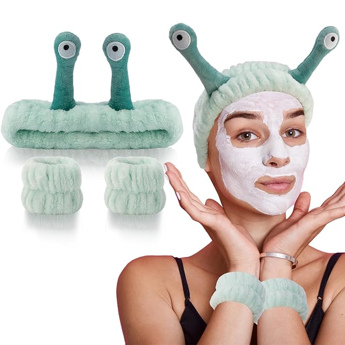 SuPoo 3pcs Snail Face Wash Headband and Wristband Set, Green, Puffy Microfiber Fleece Material, Cute Wrist Towels, for Spa, Sports, Yoga, Face-Washing, Makeup and Shower