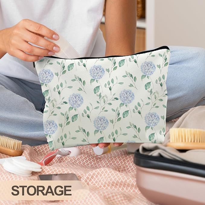 Blue Hydrangea Floral Weather Makeup Bag, Cosmetic Toiletry Bag for Women, Coquette Makeup Pouch, Aesthetic Pouch, Hydrangea Gifts(PU)