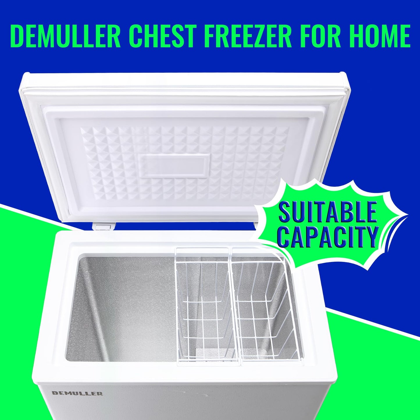DEMULLER 3.5 Cu.ft Chest Freezer with Electronic Panel, Accurate Temperature Display to 1 ℉, White Deep Freezing Machine with 2 Removable Baskets, Compact Size for Any Space