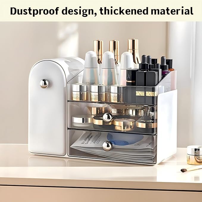 Makeup Organizer for Vanity with Covered Brush Holderï¼ÂBathroom Organizers with Drawerï¼ÂSkin Care Organizerï¼ÂMakeup Organizers for Vanity with Drawerï¼ÂLarge Makeup Storage for Dresser, White