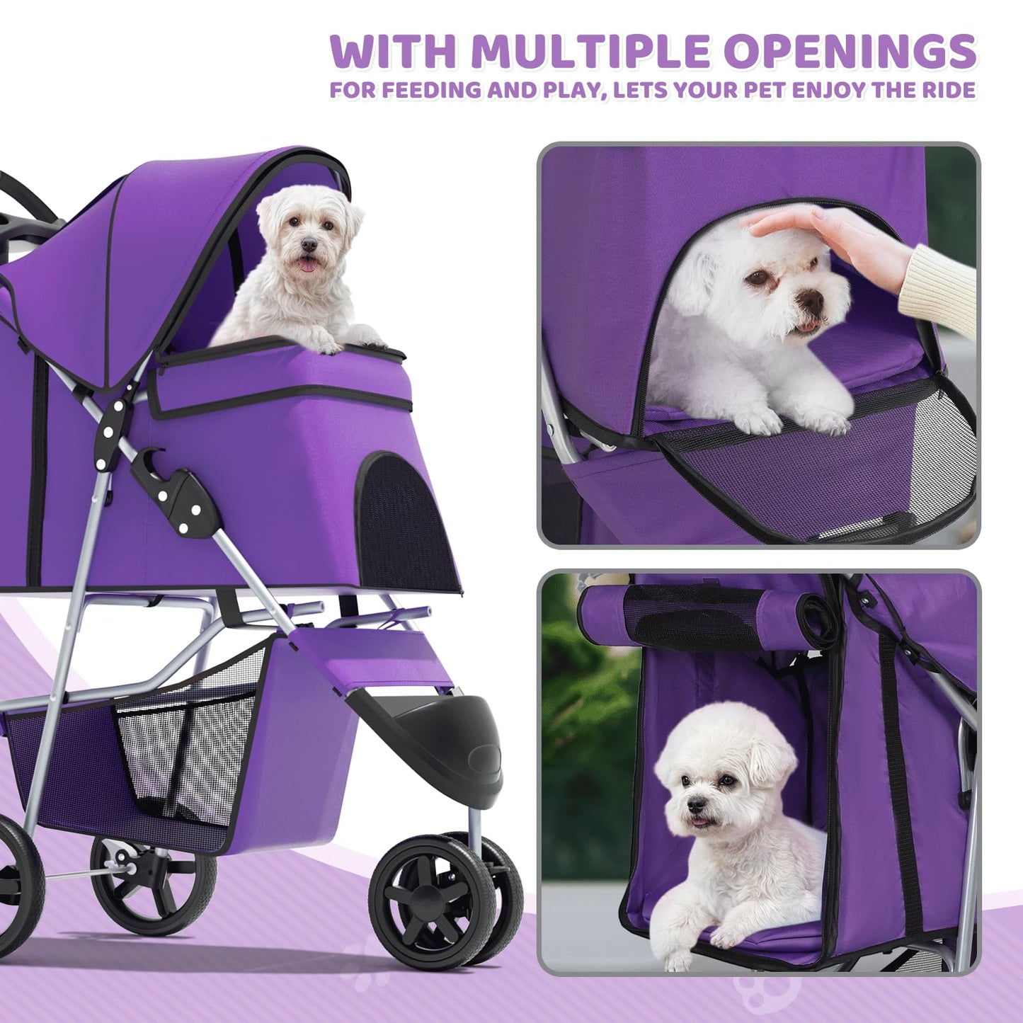 Magshion 3-Wheel Pet Stroller, Foldable Travel Jogger for Small & Medium Dogs & Cats (Up to 33lbs), Lightweight Carrier with Breathable Mesh Cover, Cup Holder & Storage Basket, Purple