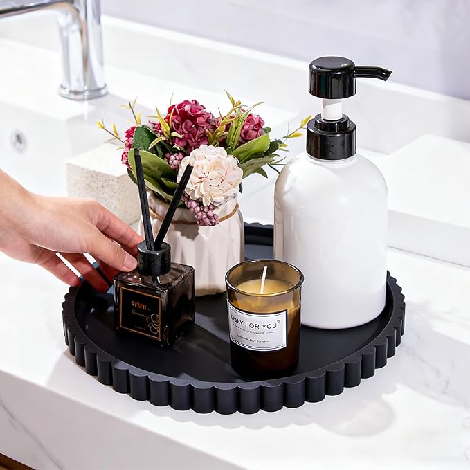 HighHerz Silicone Bathroom Countertop and Vanity Tray, Round Silicone Bathroom Tray, Modern Bathroom Decor, Coffee Table Decor, Decorative Tray for Candle, Perfume, Plants (Black, 9 inch)