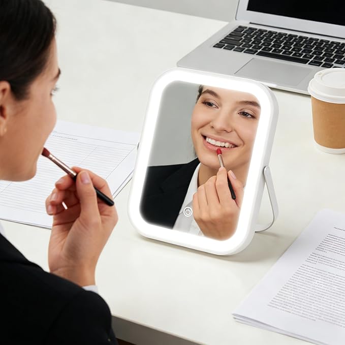 ROLOVE Rechargeable Makeup Mirror, 6x8 Inch Portable Vanity Mirror with Lights, 3-Color Dimmable LED Lighting, Tabletop Mirror, Travel Essentials
