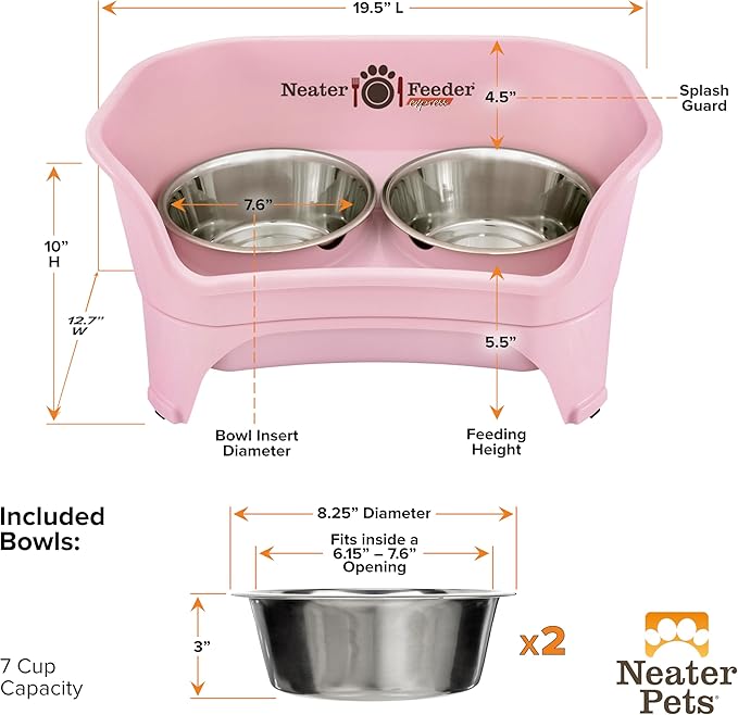 Neater Feeder Express Mess Proof Dog Bowls Elevated for Medium to Large Sized Breed, No Spill Raised Dog Food Bowl Stand, Stainless Steel Food and Water Bowl Set, Pet Dish Feeding Station, Pink