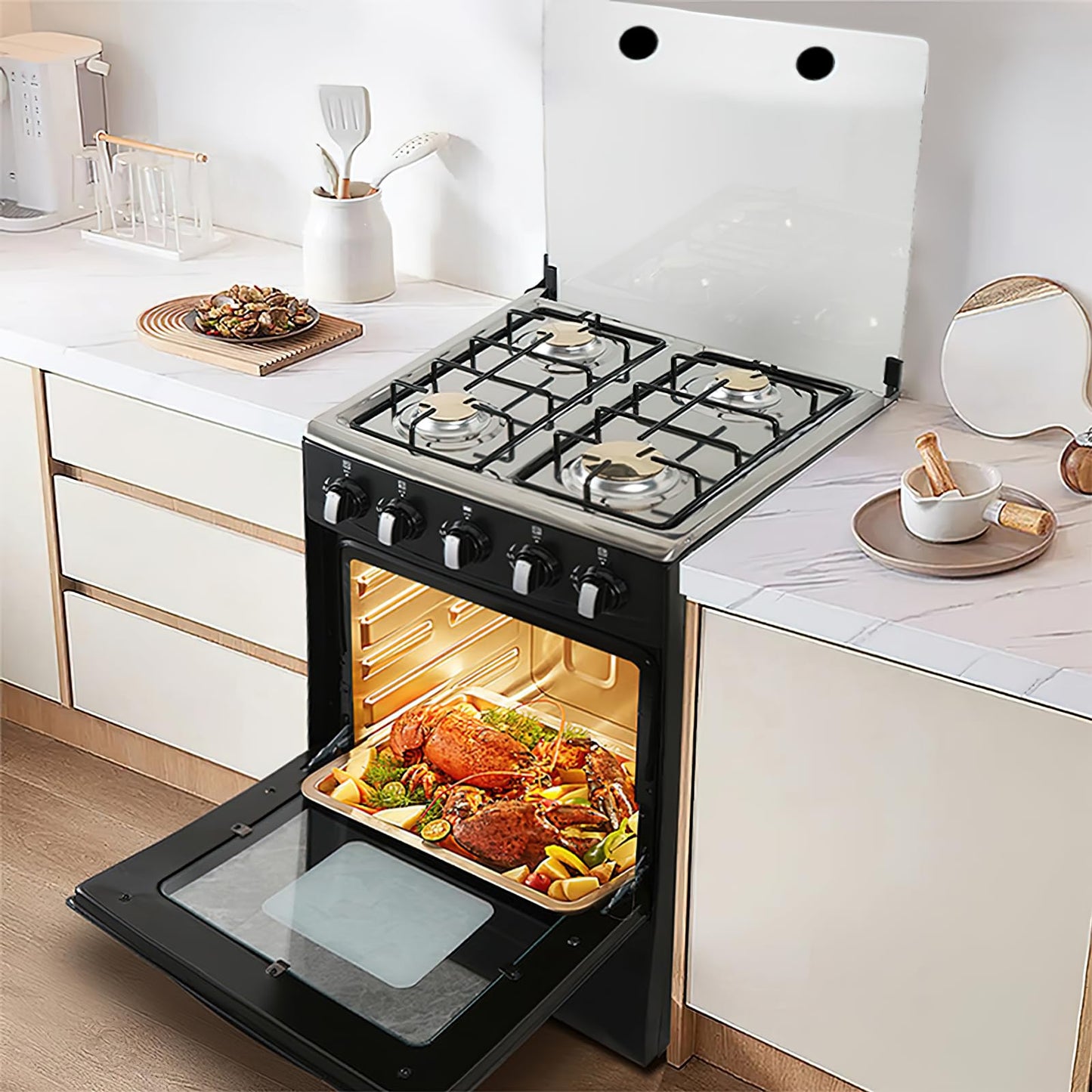 20" Freestanding LPG Oven - Equipped with 4 coil burners and Gas Stove with stainless steel 50L oven (Black: Automatic ignition)