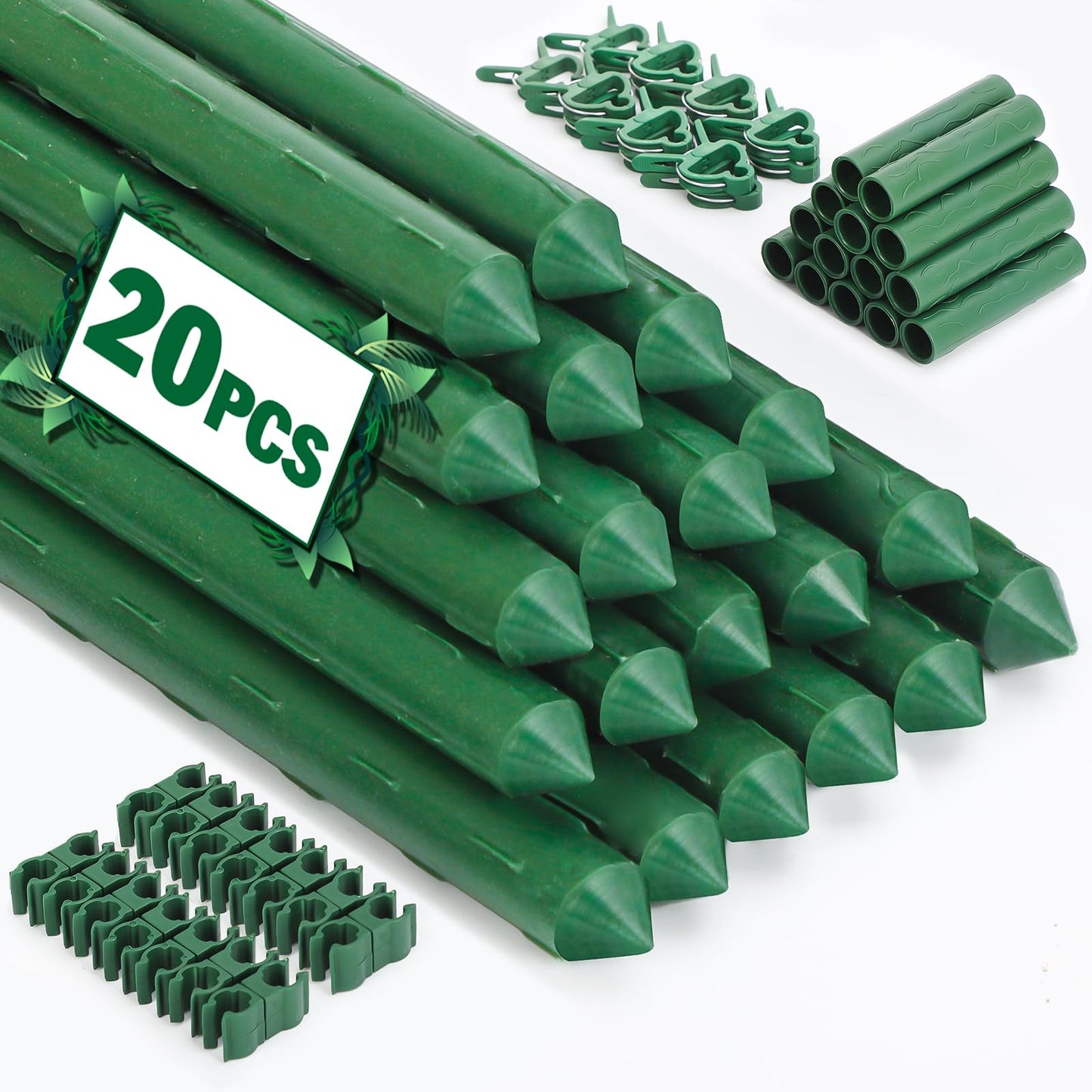 Tegarbed Garden Stakes 20 Pack, 16 Inch Plastic Coated Metal Plant Support Stakes, Sturdy Tomato Stakes with 14 Connectors 14 Rotatable Clips 14 Plant Clips for Indoor Outdoor Vegetables