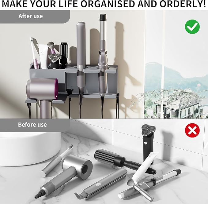 YSD Hair Dryer Holder Wall Mounted, Metal Hair Tools Organizer, Hair Dryer Holder for Blow Dryer, Curling Iron, Straightener, 3 in 1 Bathroom Hair Tool Organizer, Grey