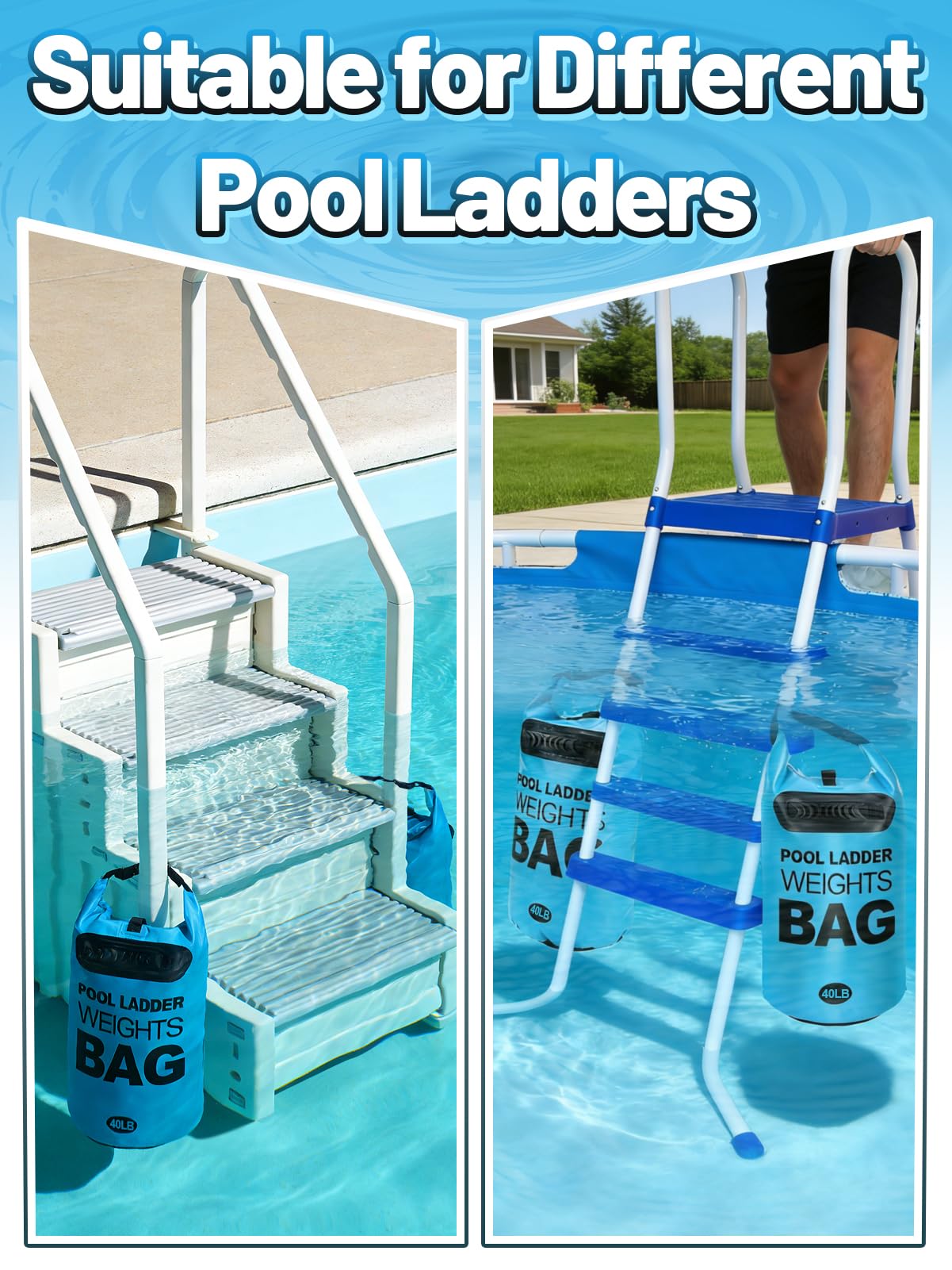 Heavy Duty Pool Ladder Weights - 40lbs Fillable Universal Sand Bags Step Anchors, 500D PVC Waterproof Tear-Resistance Foldable Sandbags for Above Ground Swimming Pools Stair Entry Systems, 2 Pack