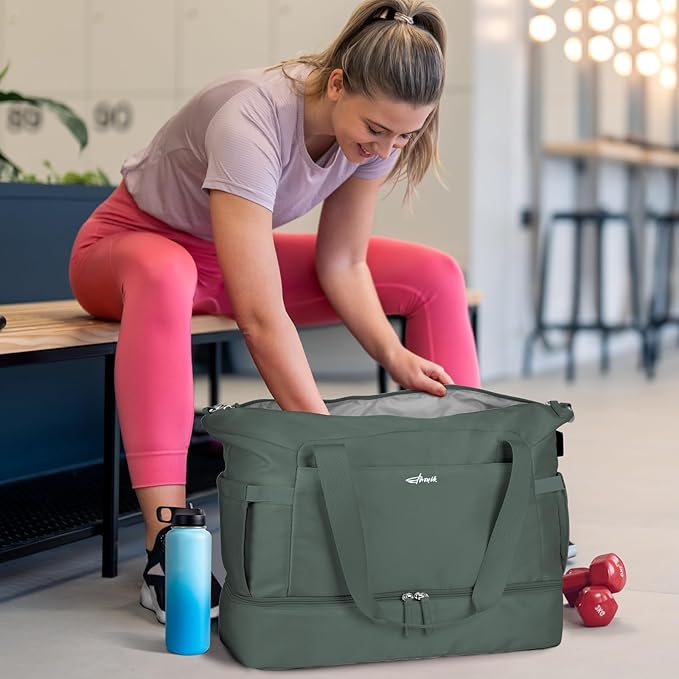 ETRONIK Gym Bag for Women, 45L Carry On Travel Duffel Bag with Shoes Compartment, Weekender Overnight Bag with Wet Pocket & USB Charging Port for Women, Travel, Gym, Weekend, Large Size (Beige)