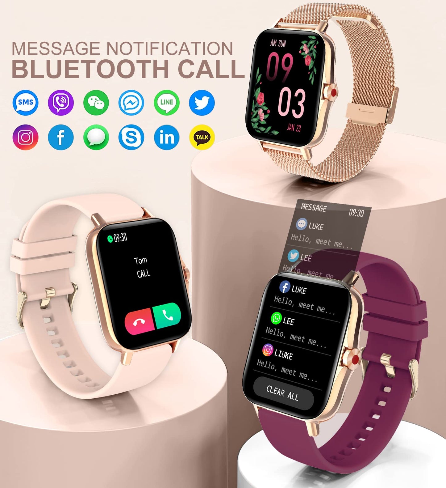 Iaret Smart Watch for Women(Call Receive/Dial), Fitness Tracker Waterproof Smartwatch for Android iOS Phones 1.7" HD Full Touch Screen Digital Watches with Heart Rate Sleep Monitor Pedometer