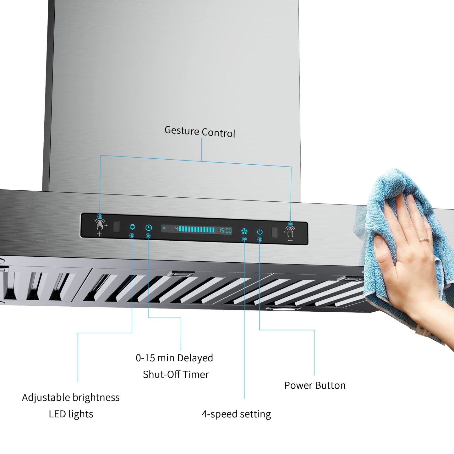 IKTCH Upgrated 36 inch Island Mount Range Hood, 900 CFM Ducted Range Hood with 4 Speed Fan, Stainless Steel with Gesture Sensing & Touch Control Making life Smarter IKIS02-36