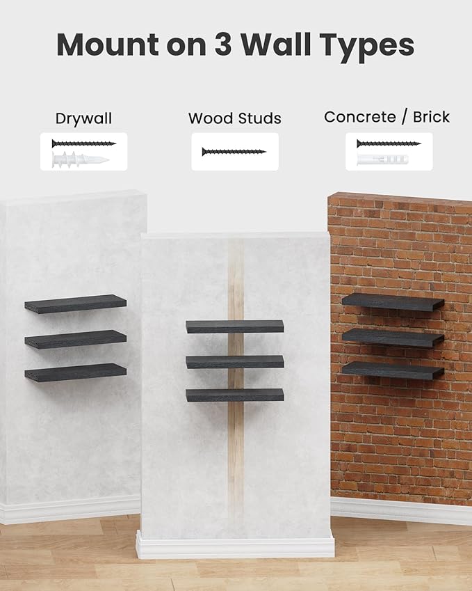AMADA HOMEFURNISHING Floating Shelves Black, Wall Shelves with Invisible Brackets for Bedroom, Bathroom, Living Room, Kitchen, Set of 3 - AMFS07