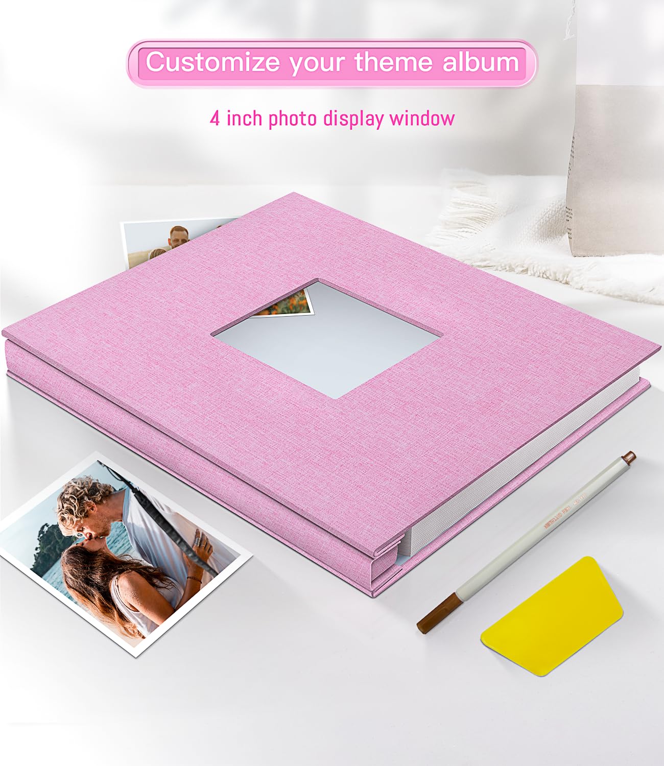 Popotop Photo Album Self Adhesive with Picture Display Window,40 Pages DIY Scrapbooking Supplies Kit for 4x6 8x10 Picture,Linen Cover Memory Book for Baby Wedding, with Scraper and Metallic Pen