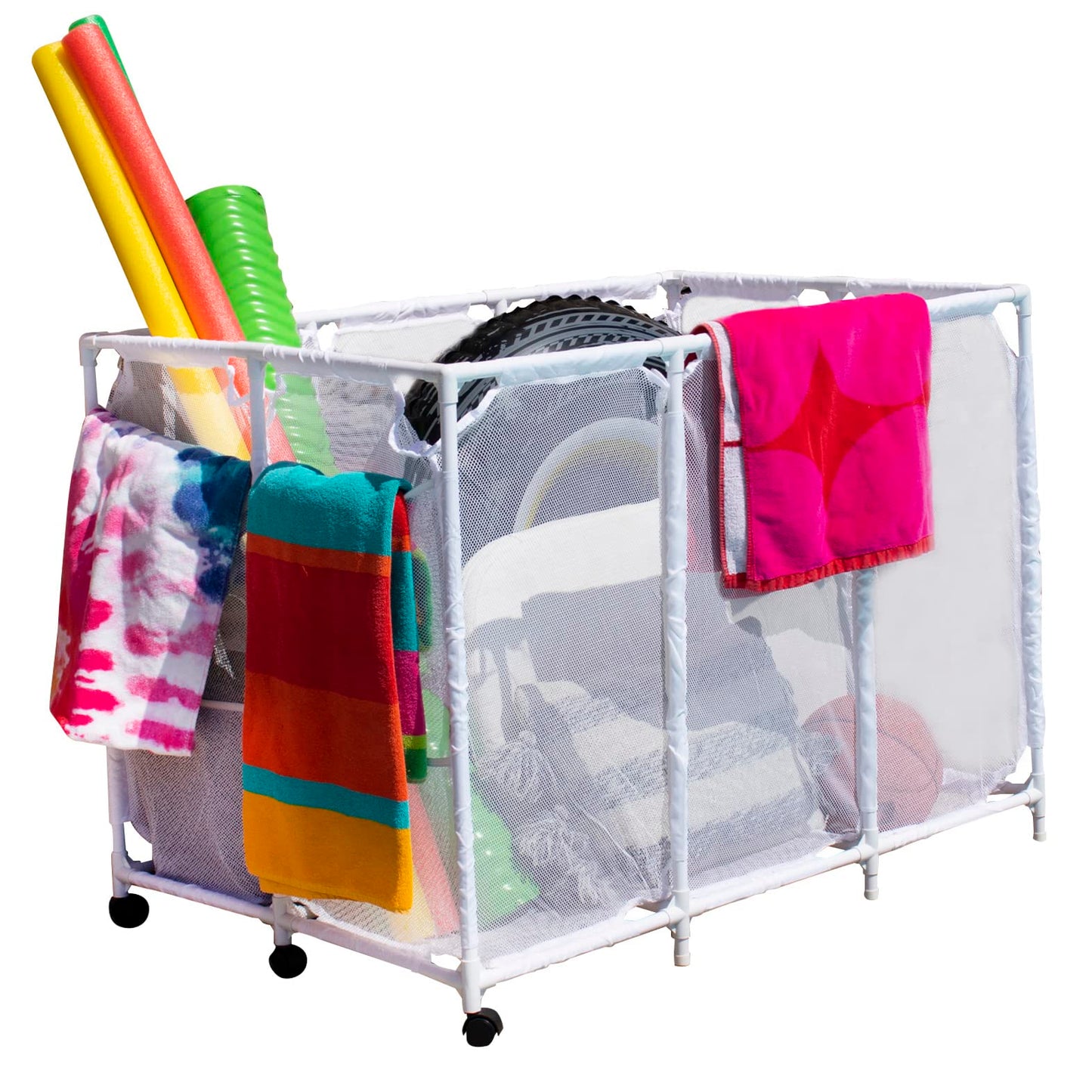 Modern Blue Pool Storage Bin - XX-Large | Nylon Mesh Basket Organizer For Your Goggles, Beach Balls, Floats, Swim Toys & Accessories | Air Dry Quickly & Easily Roll To Your Home Garage or Shed, White