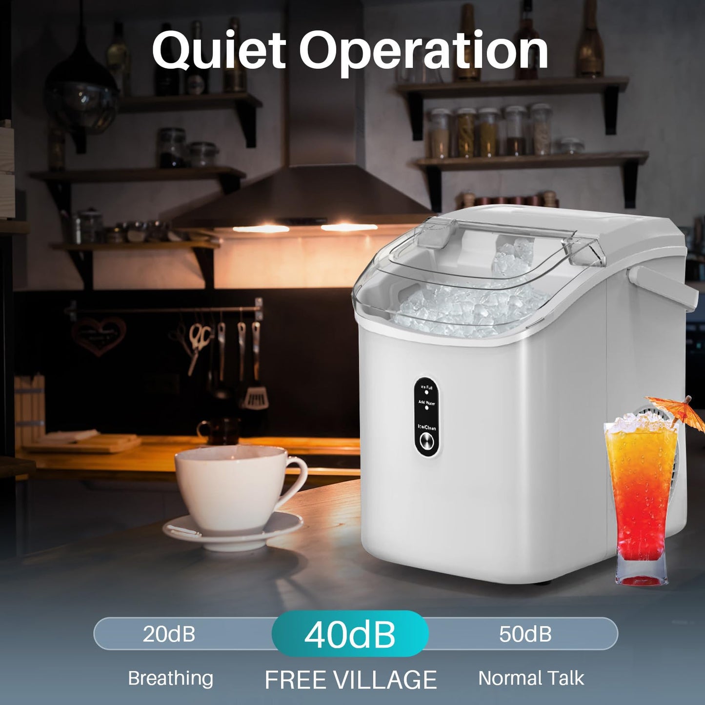 FREE VILLAGE Nugget Ice Makers Countertop, Pebble Ice Maker Machine with Soft Chewable Ice, 34Lbs/Day, Self-Cleaning, One-Click Operation, Pellet Ice Maker with Ice Scoop for Home Kitchen Office Bar