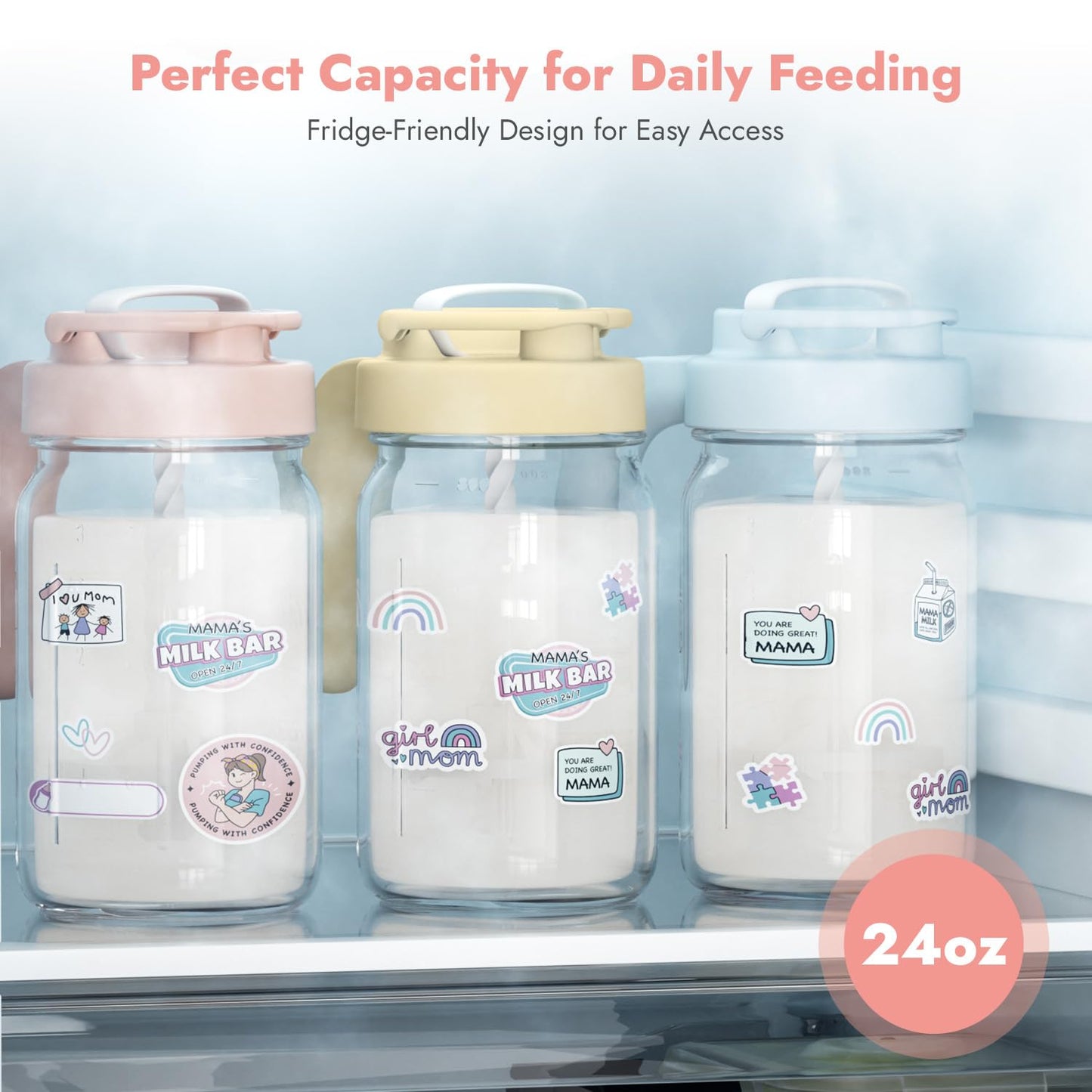 Papablic Glass Formula Pitcher, Fast Baby Breastmilk Maker with Mixing Handle Lid, Wide Mouth Mason Jar Breast Milk Storage Container with Flip-Lock Spout, BPA-Free, Pink