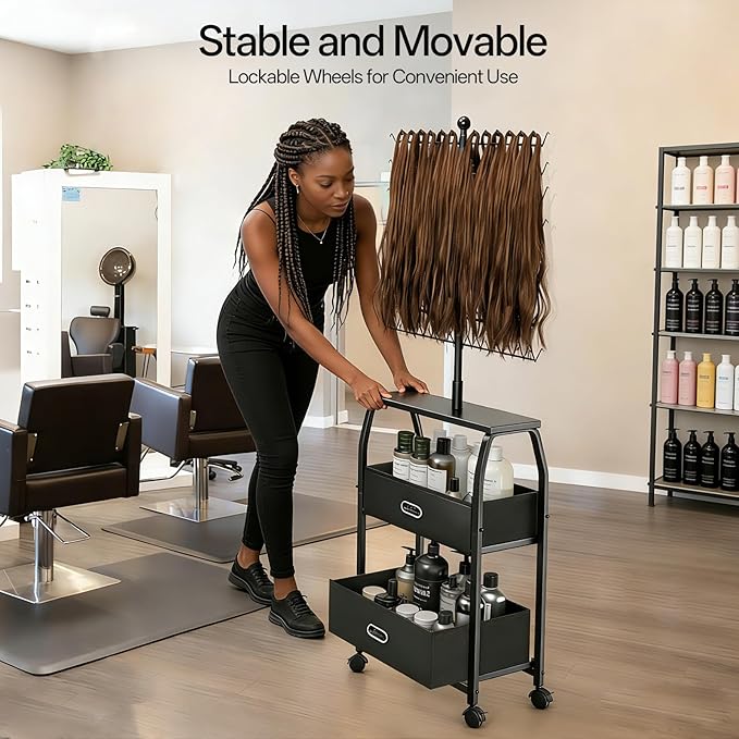 XINTUO Portable Braiding Hair Rack with Wheels & Storage Drawers,280 Pegs Hair Extension Holder Hanger for Braiding Hair Separator Stand Display,Hair Rack with Stylist Hair braiding Tools(Black)