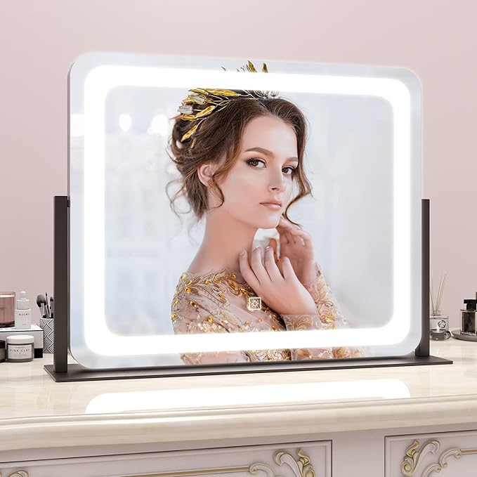 ROLOVE 22x17 Inch Lighted Vanity Mirror with Dimmable LED Lights - 3 Color Modes, Smart Touch Control & 360° Rotating Base - Desk Makeup Mirror (Black)
