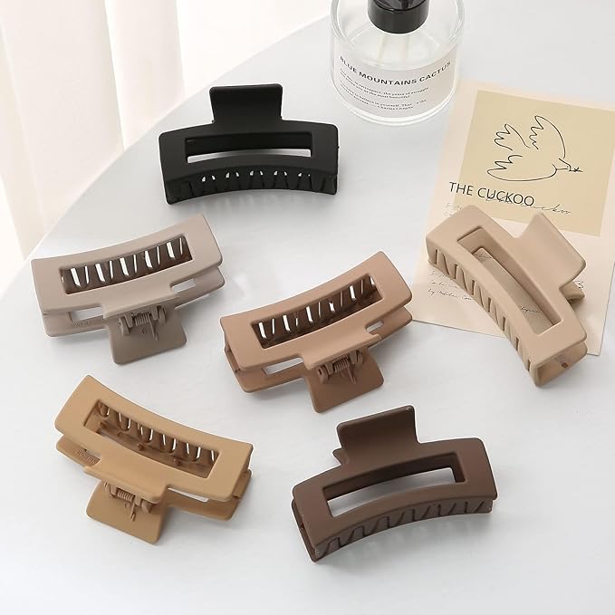 Auseibeely 6 Pack Square Claw for Women Girls, 3.35" Medium Non-slip Rectangular Matte Clips Strong Hold Hair Styling Accessories for Gifts, Brown