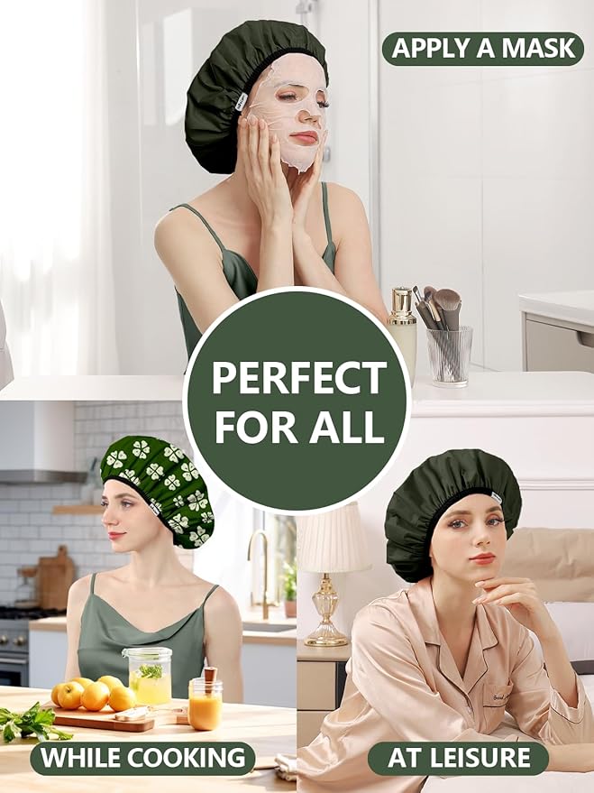 Years calm Shower Caps for Women Reusable Waterproof, Double Layer Waterproof Fabric - Both Sides Usable, Reversible Pattern & Solid Color Design, Soft Elastic Keeps Hair Dry for shower Spa Travel
