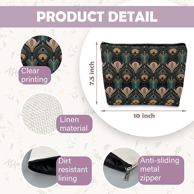 Witchy Goth Makeup Bag, Vintage 1920s Bats and Flowers Aesthetic Cosmetic Toiletry Bag for Women
