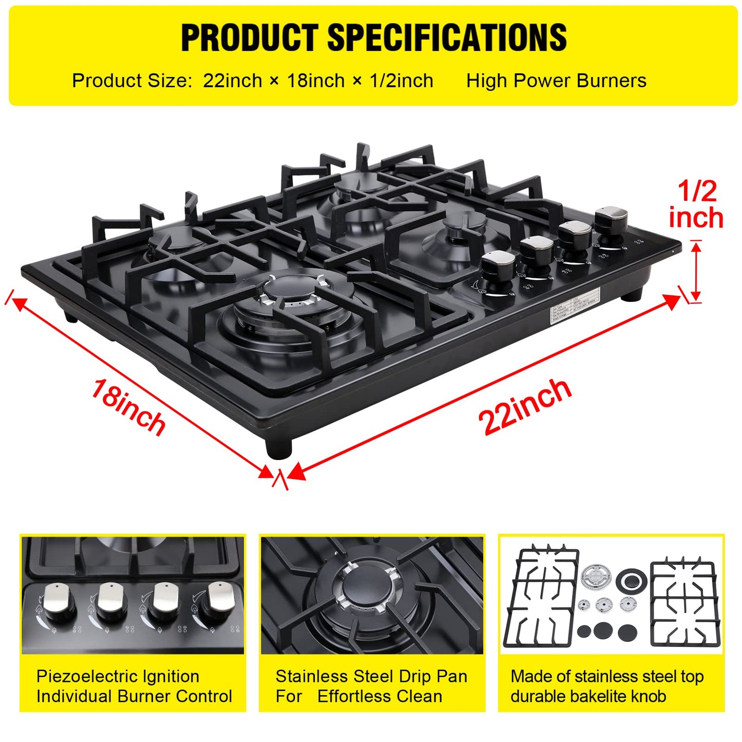 FORIMO Gas Cooktop 22Inch,Built in Gas Cooktop 4 Burners Stainless Steel Stove with NG/LPG Conversion Kit Thermocouple Protection and Easy to Clean