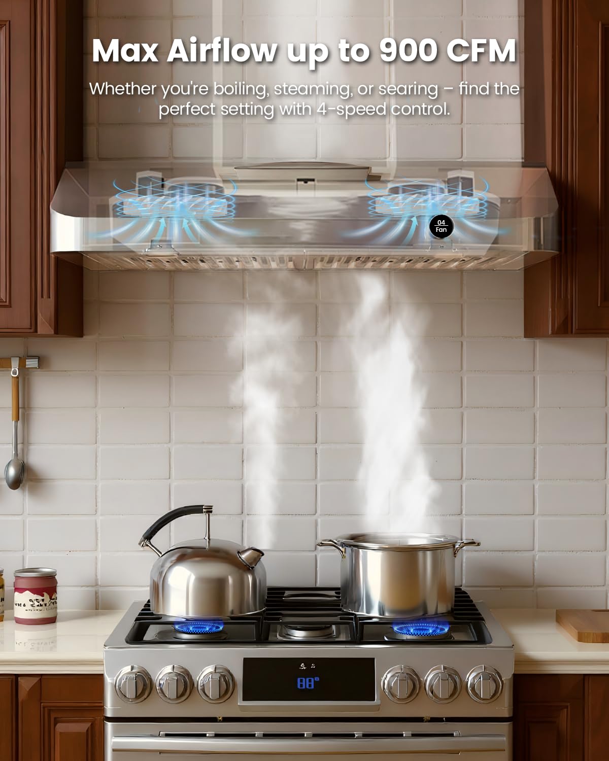 JOCO 36 Inch Under Cabinet Range Hood, 900 CFM Stainless Steel Kitchen Vent Hood, 4-Speed Knob Control C01-36K