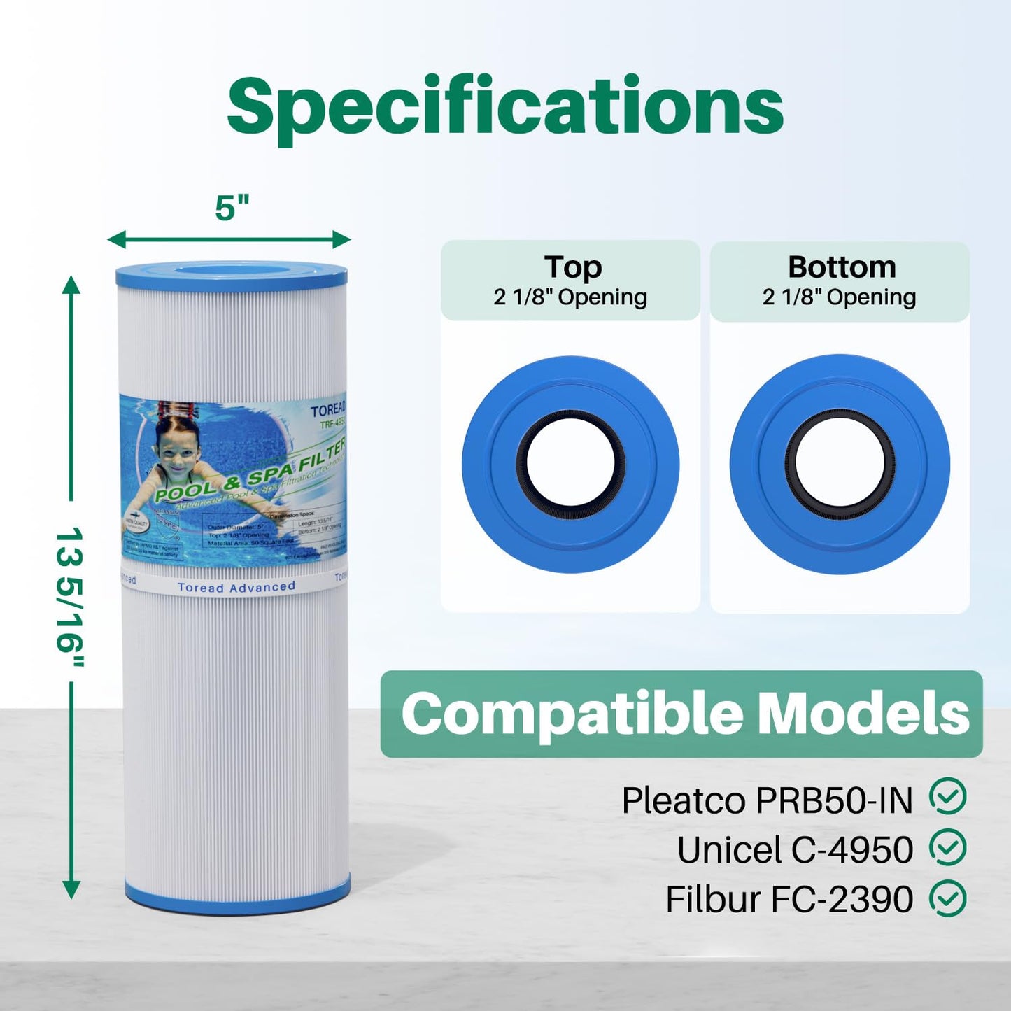 TOREAD TRF-4950 Spa Filter Replaces Unicel C-4950, Pleatco PRB50-IN, Guardian 413-212-02, Filbur FC-2390, 373045, 03FIL1600, 17-2380, Jacuzzi J210/J220/J235/J245/J275, 5X13 Hot Tub Filter, 1Pack
