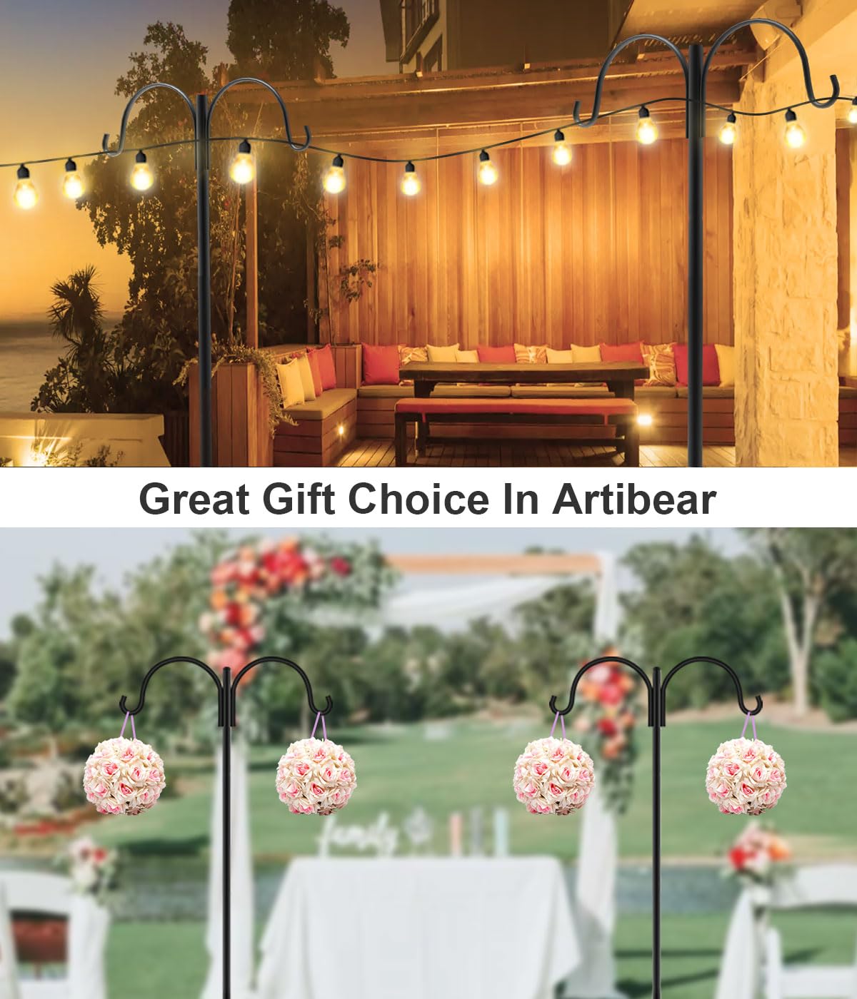 Artibear Double Shepherd Hooks for Outdoor, 76" Heavy Duty Bird Feeder Hangers Garden Hooks with 5-Prong Base, Outside Hanging Pole for Plant Baskets, Solar Light Lanterns, Wind Chimes, 2 Pack