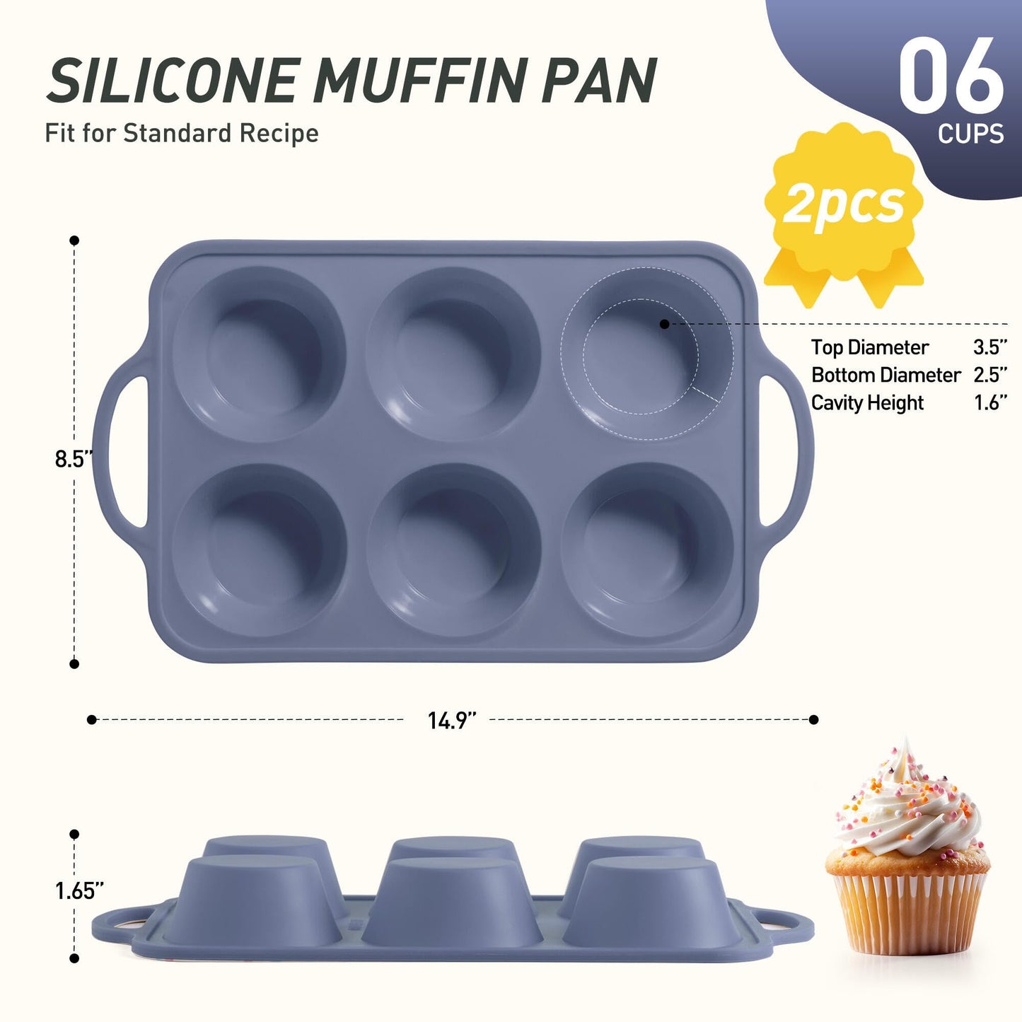 2 Packs 6 Cups Silicone Muffin Pan with Metal Reinforced Frame Jumbo Size Cupcake Pan Tray Egg Bites Silicone Circle Round Cookie Molds Muffin Tin Tall Tart Pans Baking Sheet Breakfast Sandwiches
