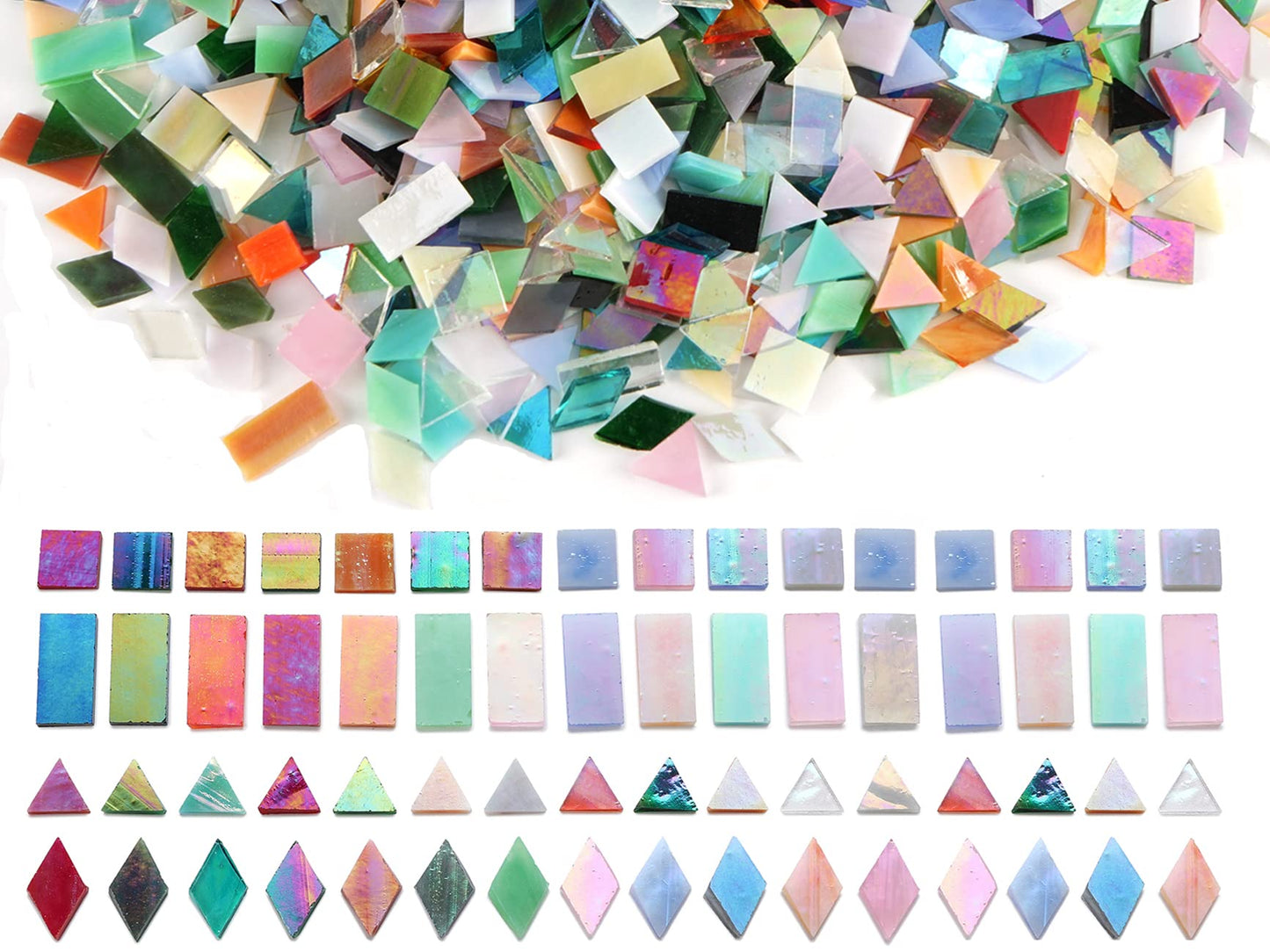 Lanyani Iridescent Glass Mosaic Tiles Bulk, 4-Shapes 700 Pieces Sparkle Iridized Stained Glass Tile for Mosaic Crafts