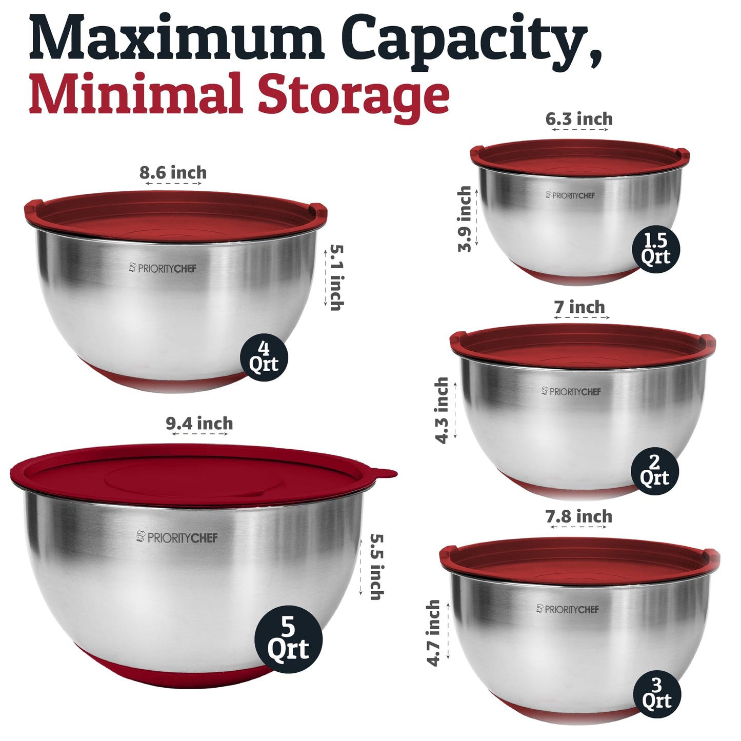 Priority Chef Stainless Steel Mixing Bowls with Lids Set, 3 Grater Attachments, Airtight Lids, Non-Slip Silicone Base Mixing Bowl Set, Large Prep Metal Mixing Bowls for Kitchen, Green