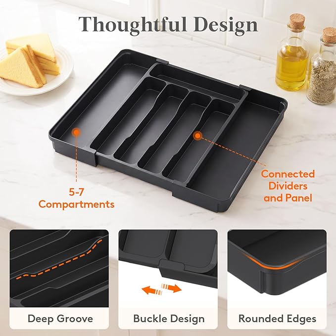 Lifewit Silverware Organizer for Drawer, Expandable Utensil Tray, BPA-Free Adjustable Cutlery Holder for Kitchen Storage, 8.1-13.9 x 11.3, Black