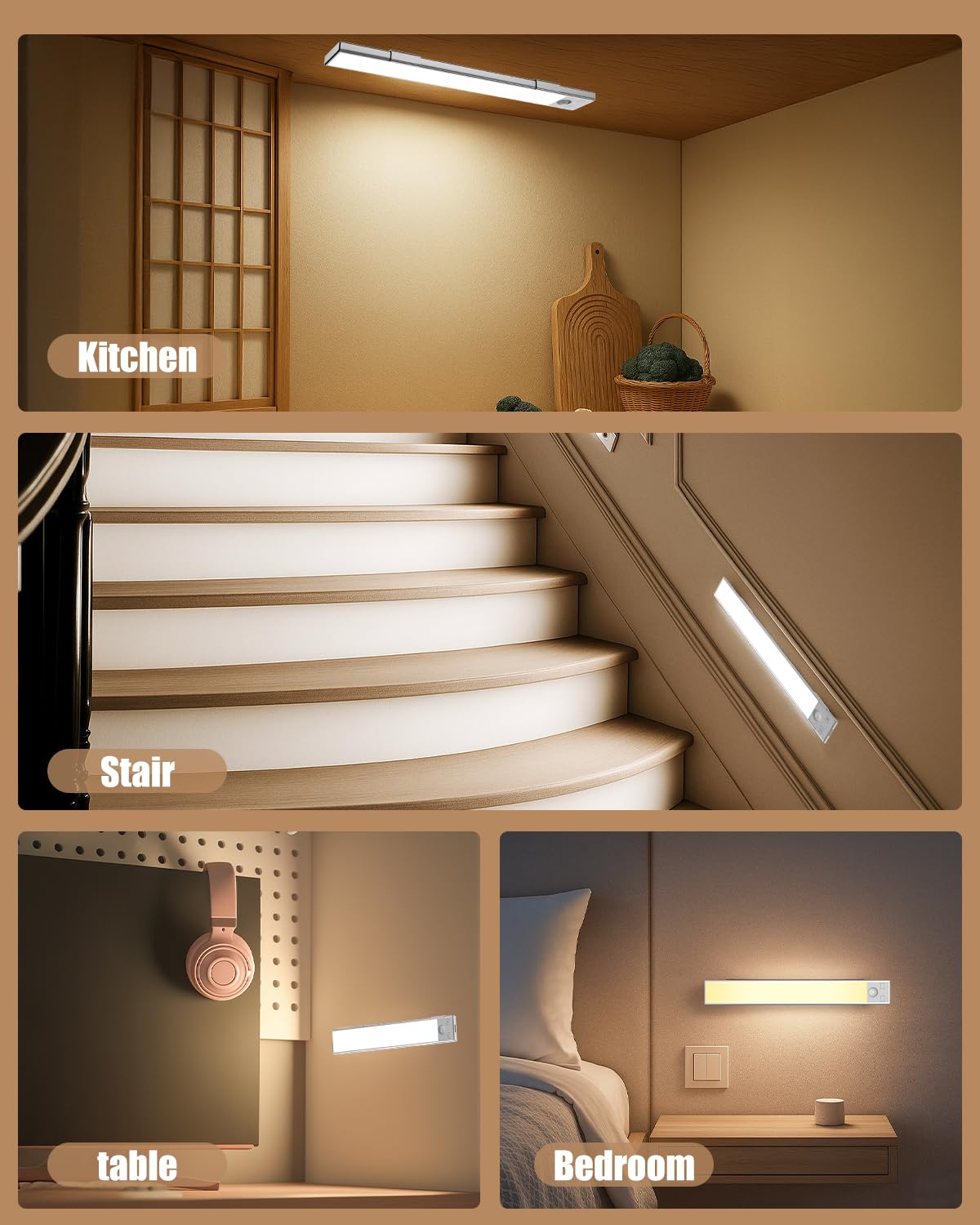 Under Cabinet Lighting 8 inch Rechargeable Battery Operated Motion Sensor Light Wireless Under Counter Lights for Kitchen, Stairs,Hallway (3 Pack)