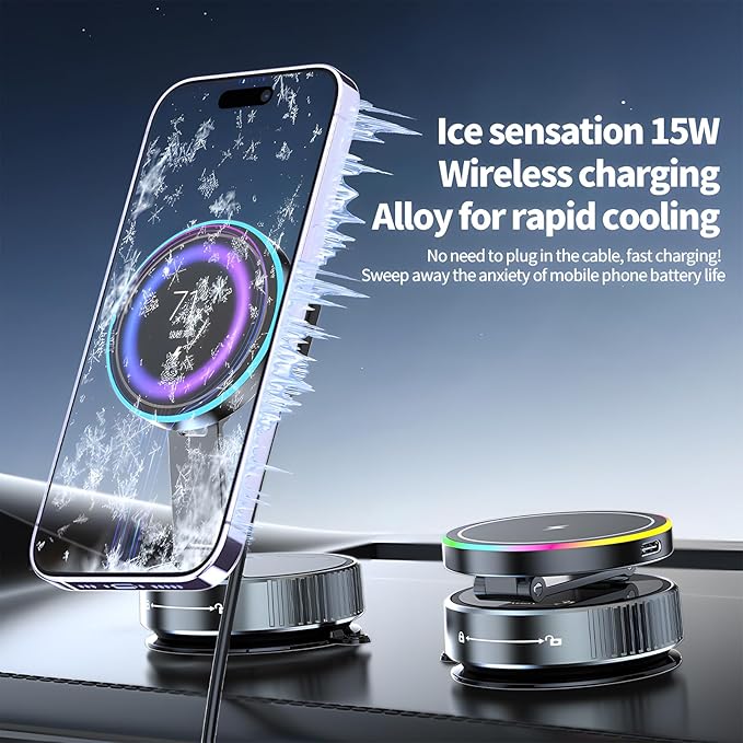 Wireless Charger Car Phone Holder for Magsafe,360°Adjustable Vacuum Magnetic Phone Holder,Nano Gel Suction Cup/RGB Light Suction Cup Mount for Non Smooth Surfaces Compatible iPhone&Android