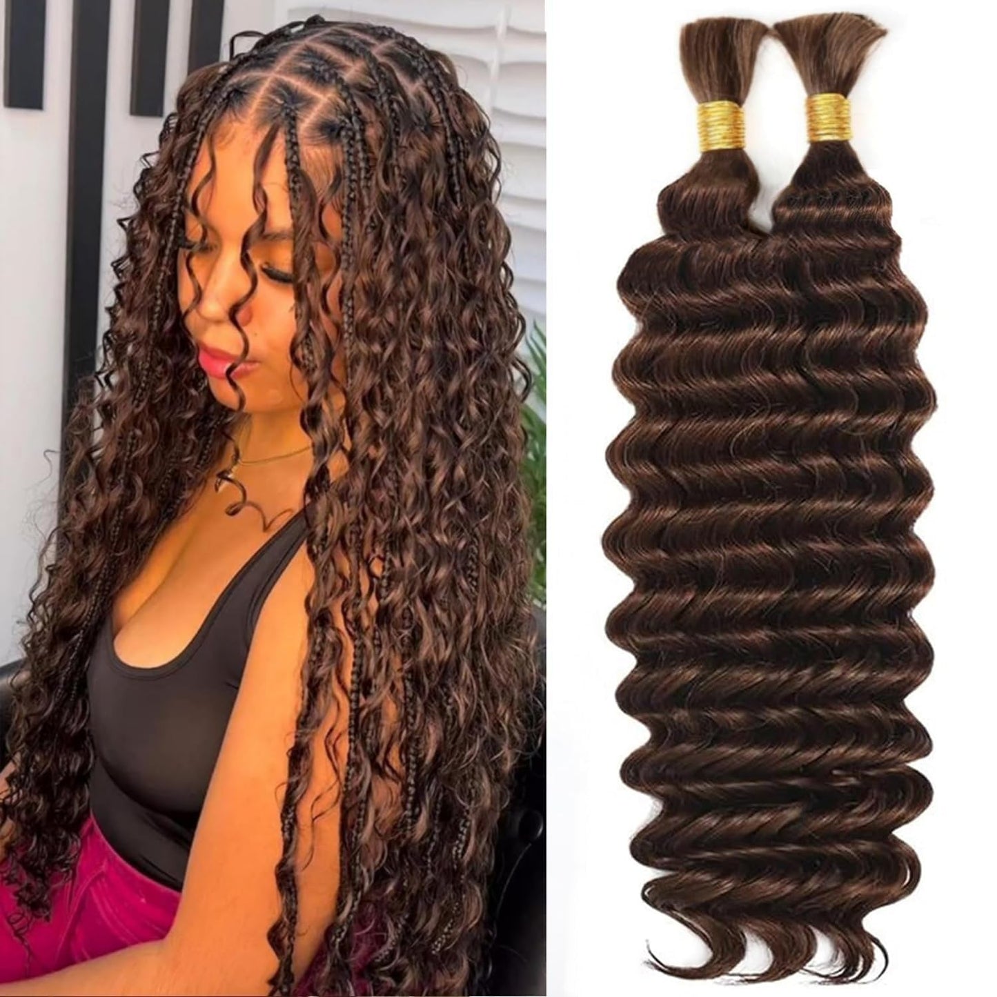 Boho Hair For Braiding Deep Wave Human Braiding Hair 110g 20 Inch #4 Bulk Human Hair Braiding Hair for Boho Braids Knotless 12A Water Wave Bohemian 2 Bundles/Pack Chocolate Brown Color Curly Braids