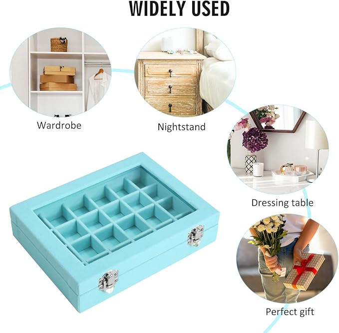 Velvet Jewelry Box 24 Grid Jewelry Ring Display Organiser Box Tray Holder Earrings Storage Case for Girls Wife Mom Women (Light Blue)