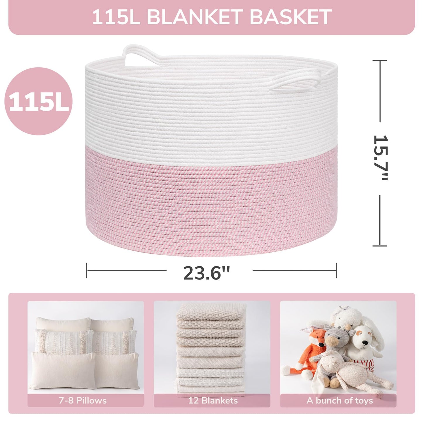 INDRESSME 115L Extra Large Pink Laundry Basket for Nursery Stuffed Animal Storage, Blanket Rope Baby Baskets Kids Toy Organizer Dorm Room Essentials for Girls, Pink